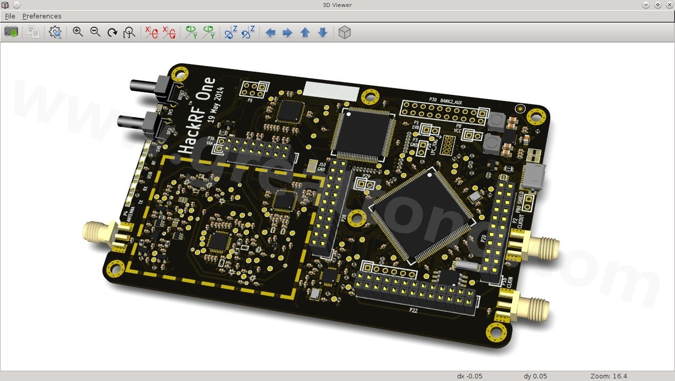 經KiCad軟體3D功能渲染過的HackRF One電路板。